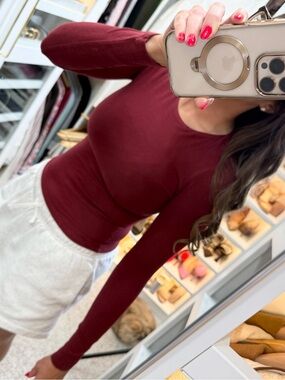Long Sleeve Crewneck Top in Burgundy - Women's Slim Fit